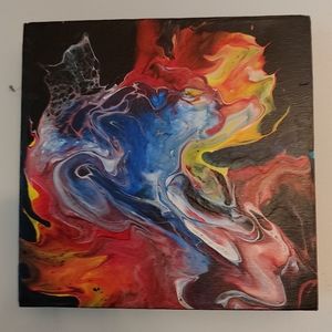 Canvas Painting Abstract Art Wall Hanging 8x8 Black, Red, Blue Orange Homemade